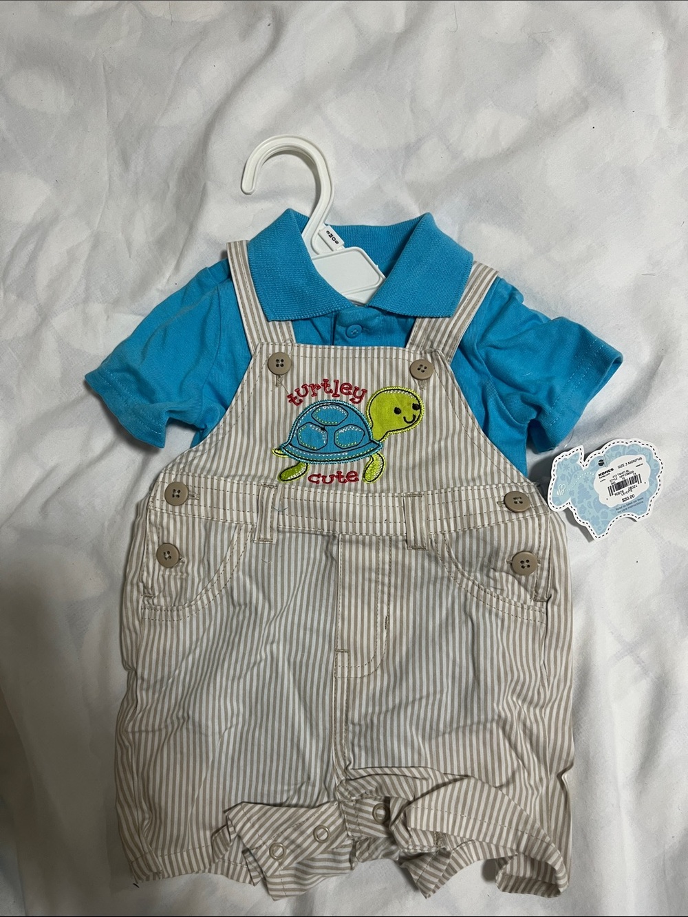 Blue Polo & Cream Striped Turtle Overalls Set for baby boy